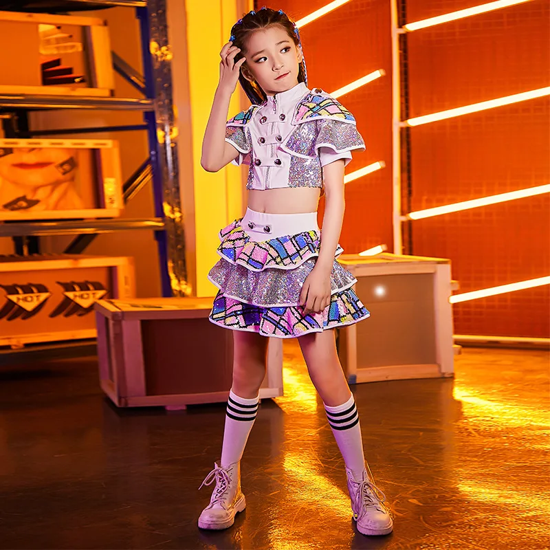 

Детский костюм для джазовых танцев Juanzi Ling, костюм для выступлений для девочек, костюм с юбкой и пупком с блестками, современный костюм в стил...
