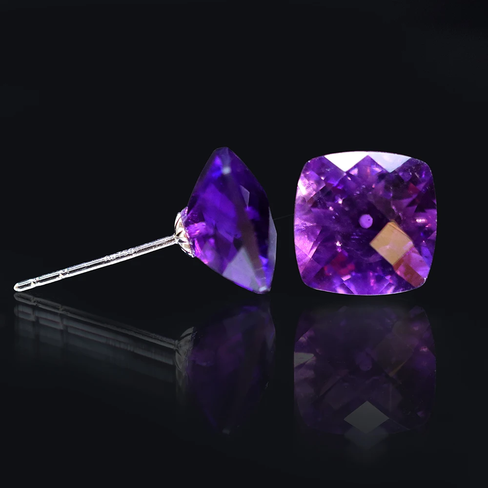 Серьги гвоздики с натуральным аметистом для женщин и девочек 18k золото