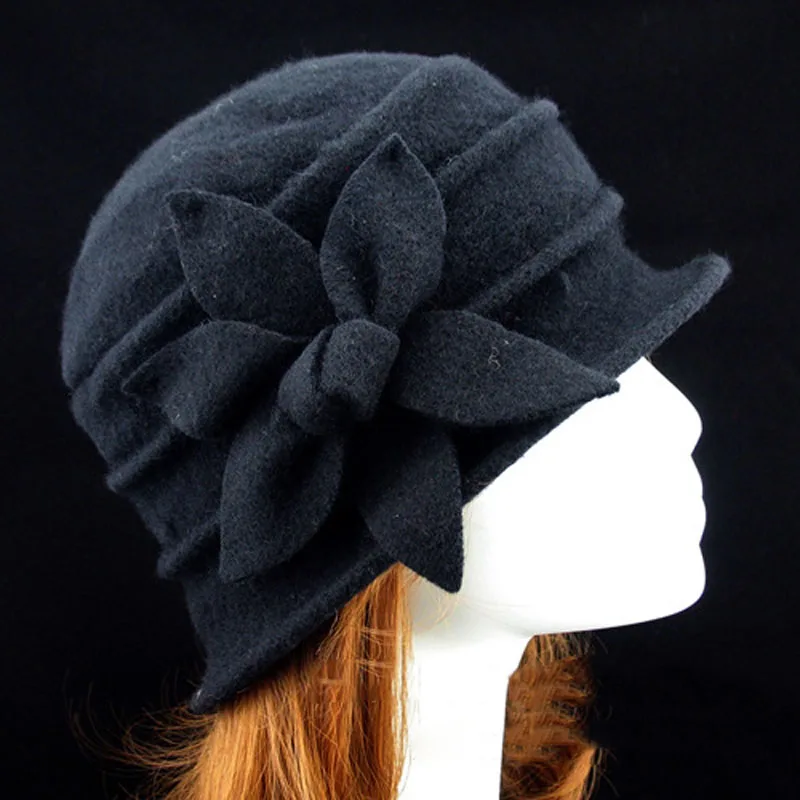 

Fashion Vintage Women Bucket Hat Solid Color Flower Decoration Autumn Winter Wool Cap Elegant Ladies Girls Hats Gifts EIG88