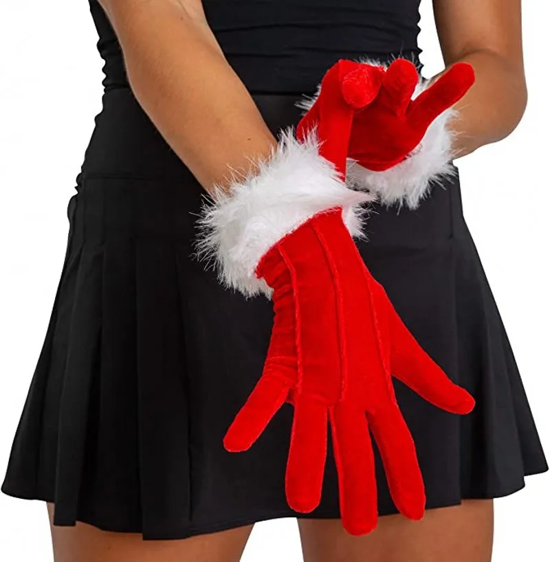 

Skeleteen Red Fur Costume Gloves Red Velvet Gloves with White Furry Cuff Accessories Cosplay Costumes for Women and Kids
