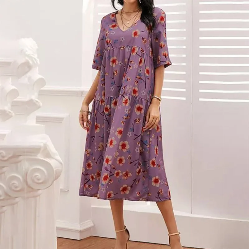 

2021 Summer Sexy V-Neck Party Dress Fashion Vintage Floral Print Beach Long Dress Women Casual Short Sleeve Loose Dress Vestidos