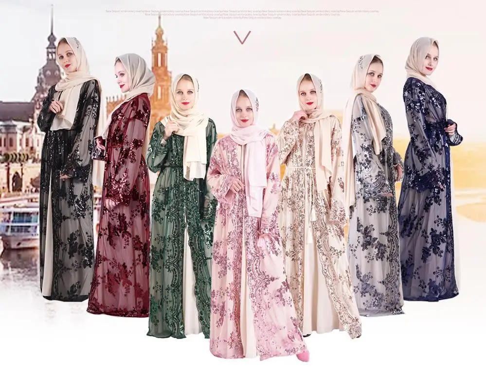 

Muslim Open Abaya Sequins Kimono Cardigan Hijab Maxi Dress Long Robe Gowns Eid Ramadan Party Worship Service Islamic Mubarak