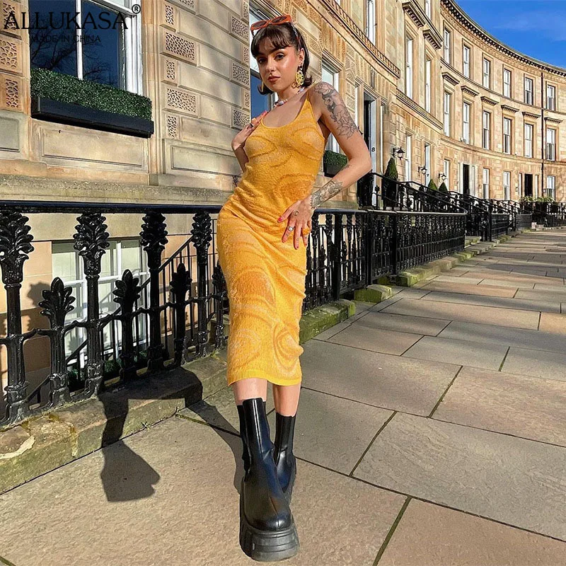 

Allukasa Knit Dress Women Y2K Summer Hollow Out Sexy Sleeveless Spaghetti Strap Bodycon Long Party Beach Midi Dresses New Style