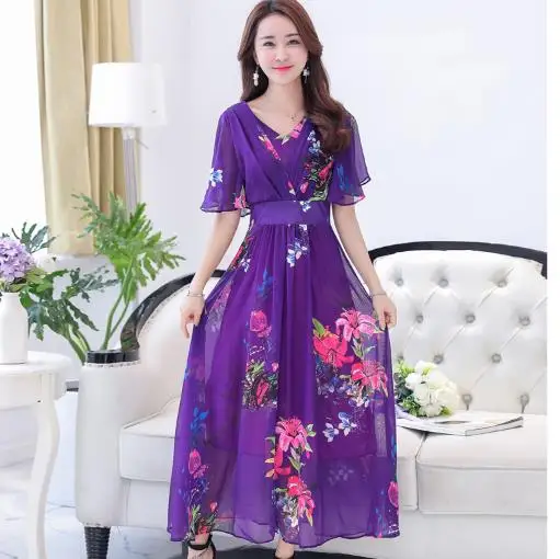 Bohemia Dress Beach 2020 Summer Women Chiffon Dresses Maxi V-Neck Slim Ladies Print Long Plus Size RQ454 | Женская одежда
