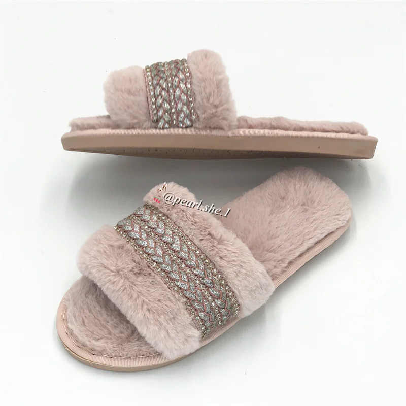 

Designer Girl Fashion Fur Slippers Wholesale Faux Fur Cross Indoor Floor Slides slippers custom