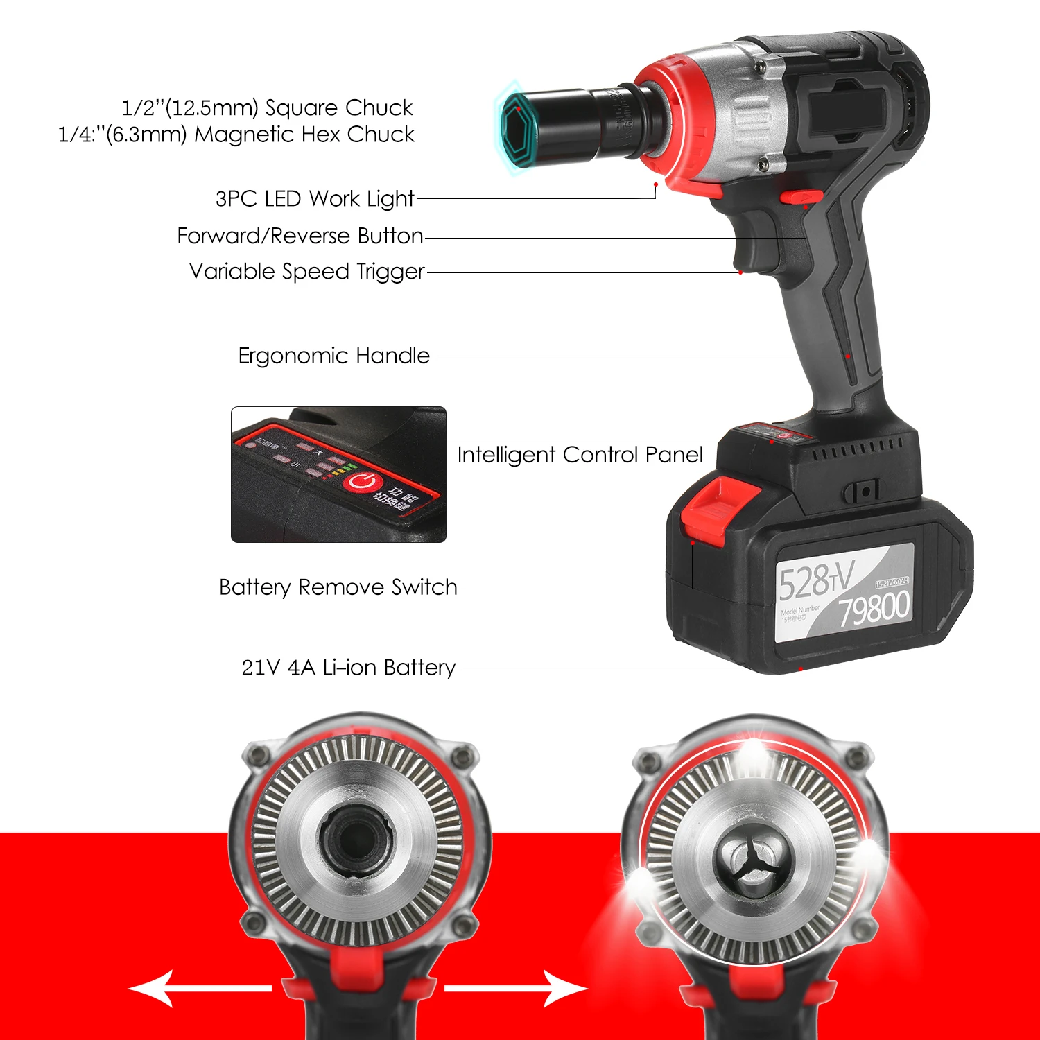 

Quick Chuck 2x6.0A with Fast Charger Multifunction Impact Kit Cordless Impact Wrench 980Nm Torque Brushless Motor 1/2 and 1/4 In