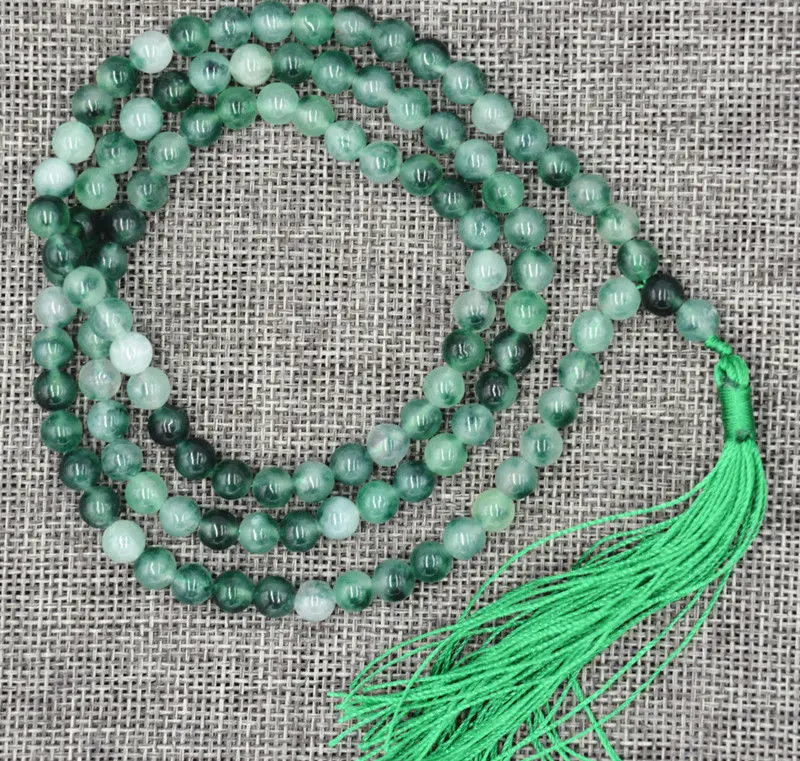 

6mm stone Buddhist white green Emerald 108 Prayer Beads Mala Bracelet Necklace