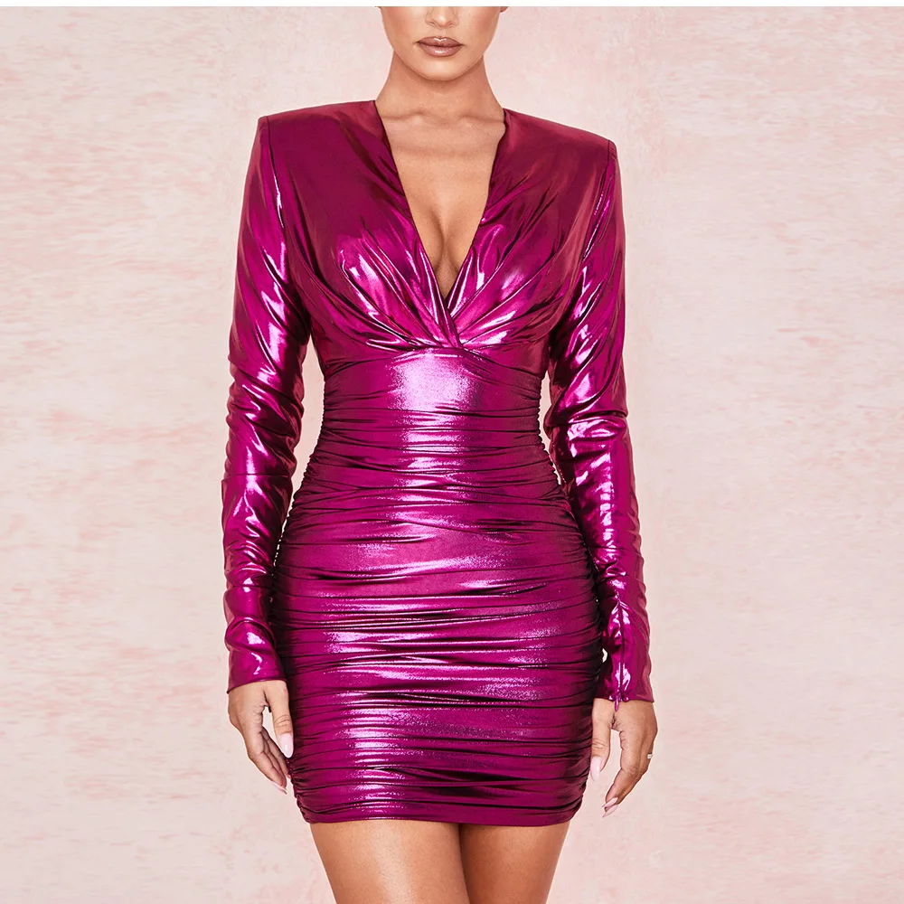 

Сексуальное розовое мини-платье металлик, с глубоким V-образным вырезом, с вырезами на спине, с длинным рукавом, с рюшами, Бандажное, облегающ...