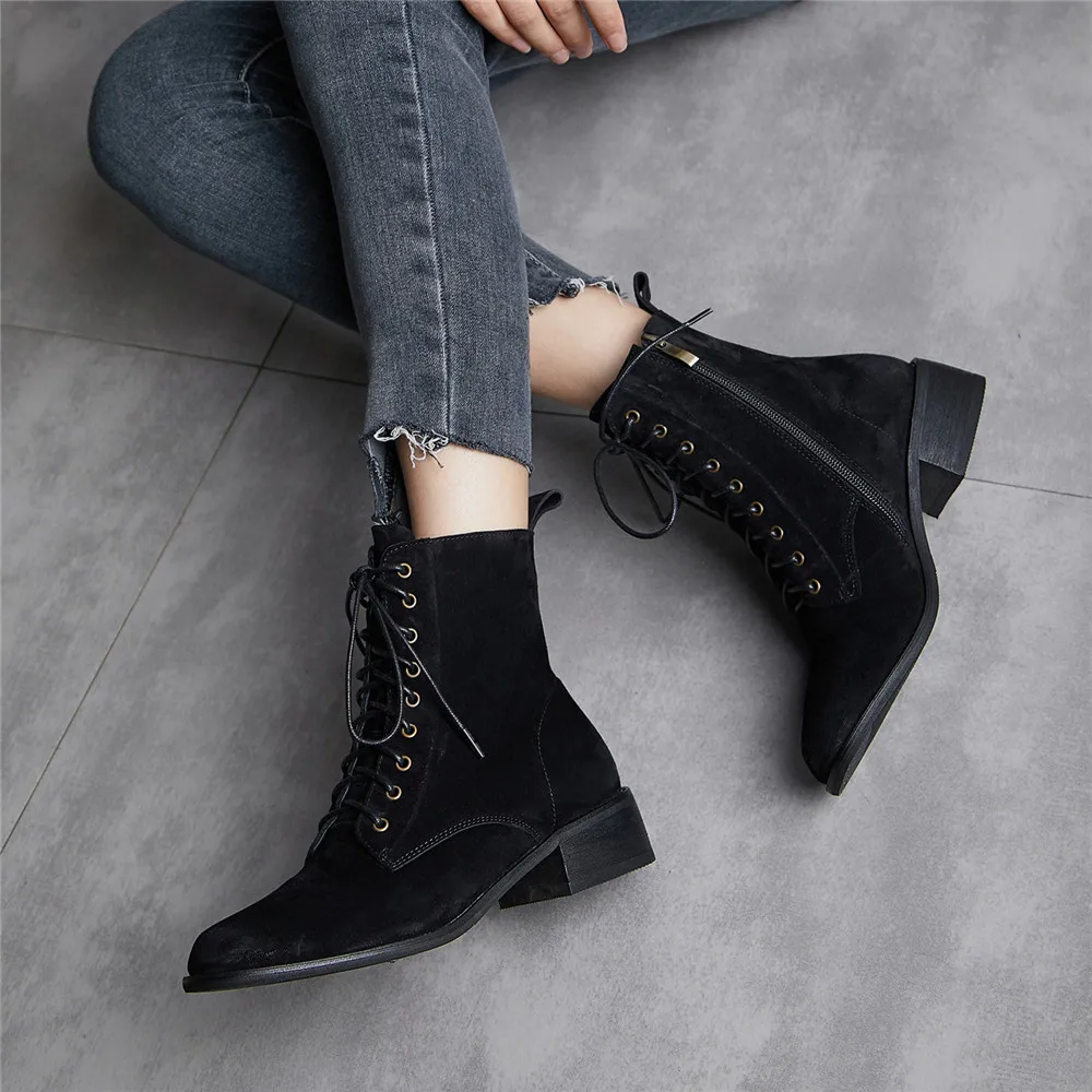 Online Retro Semata Kaki 4cm Med Tumit Kulit Asli, Round Toe, Cross-tied Renda Zipper Merek Kantor Wanita Gaun Ringkas TN35 MUYISEXI