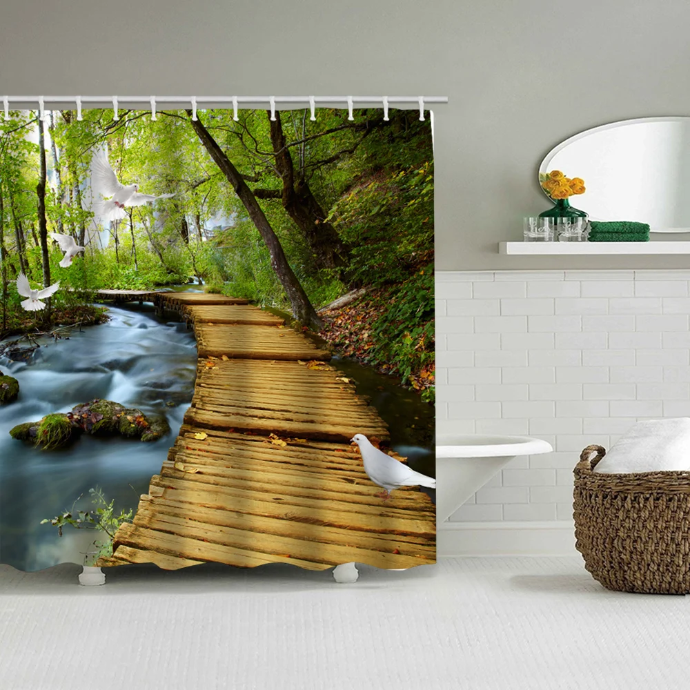 

Beautiful wooden bridge and creek scenery printing shower curtain waterproof free perforated bathroom curtain curtain