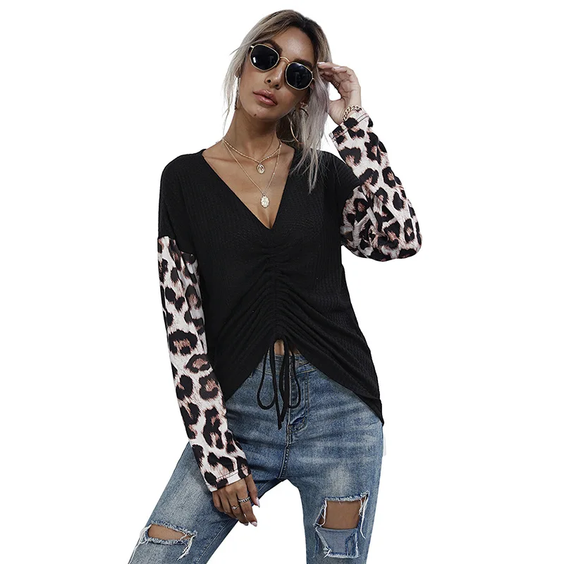 

Woman Tshirts Fall 2021 Long Sleeve Loose V-neck Black Leopard Stitching Bottoming T-shirt Women Y2k Top Goth Tees Aesthetic