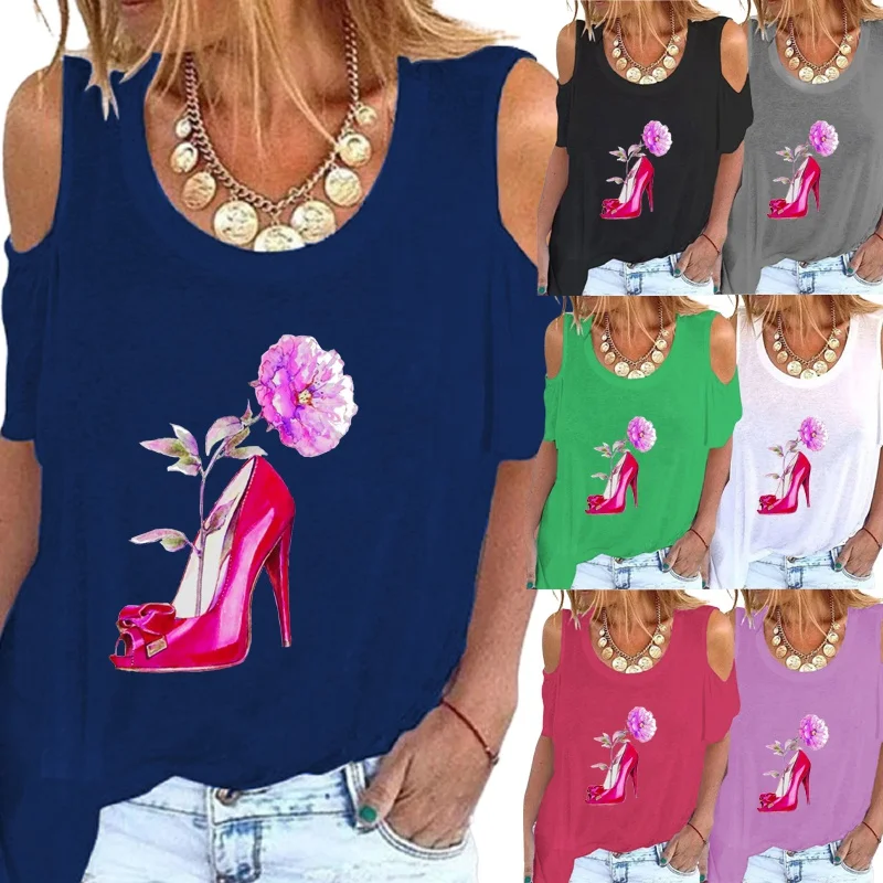 

Women's Summer New Fashion Flowers Prined Round Neck Short Sleeve T-shirt Casual Off Shoulder Shirt Loose Solid Color Tops