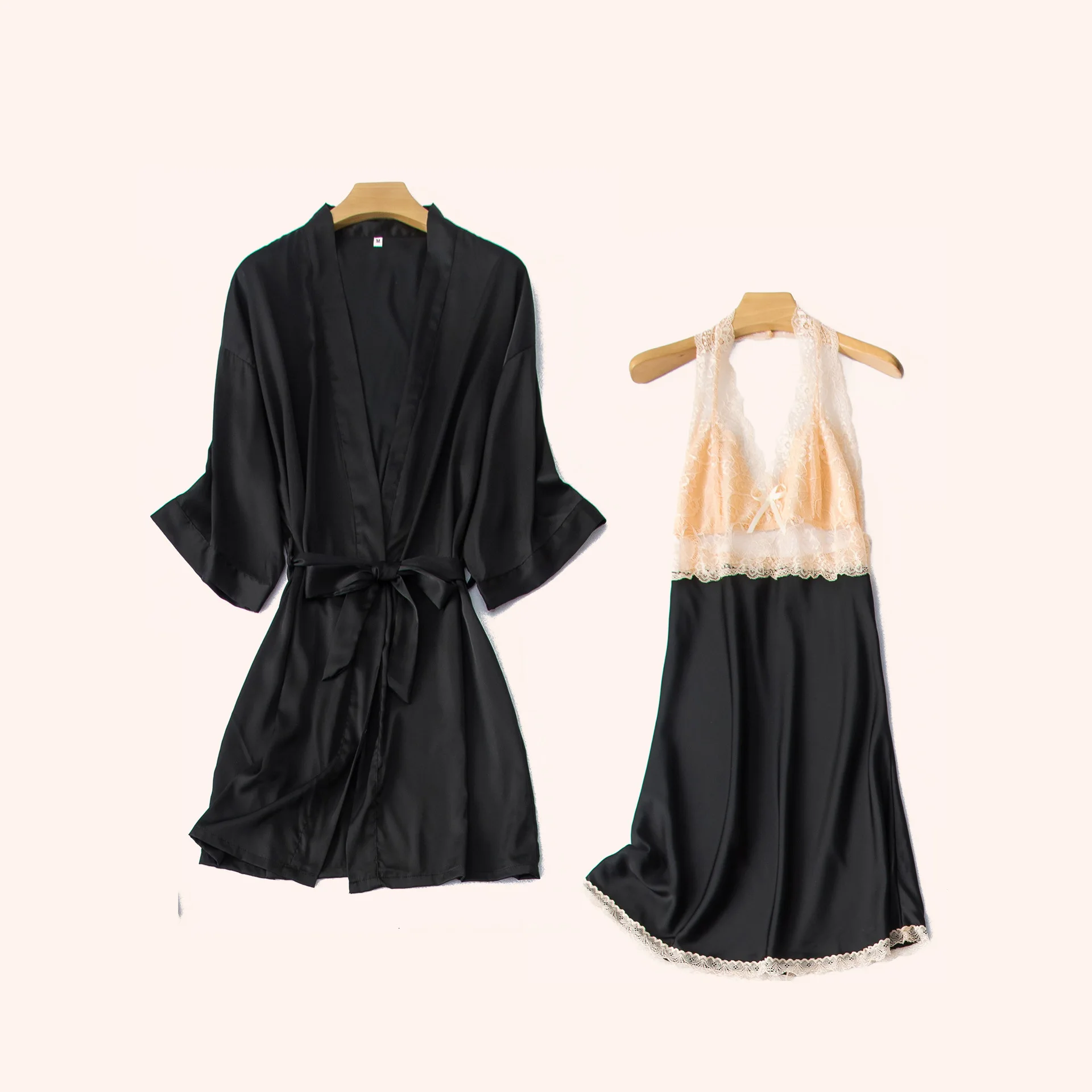 

Sexy Female Patchwork Kimono Robe Set 2PCS Nightwear SATIN Intimate Lingerie Blue Home Clothing Satin Nightgown Sleepwear