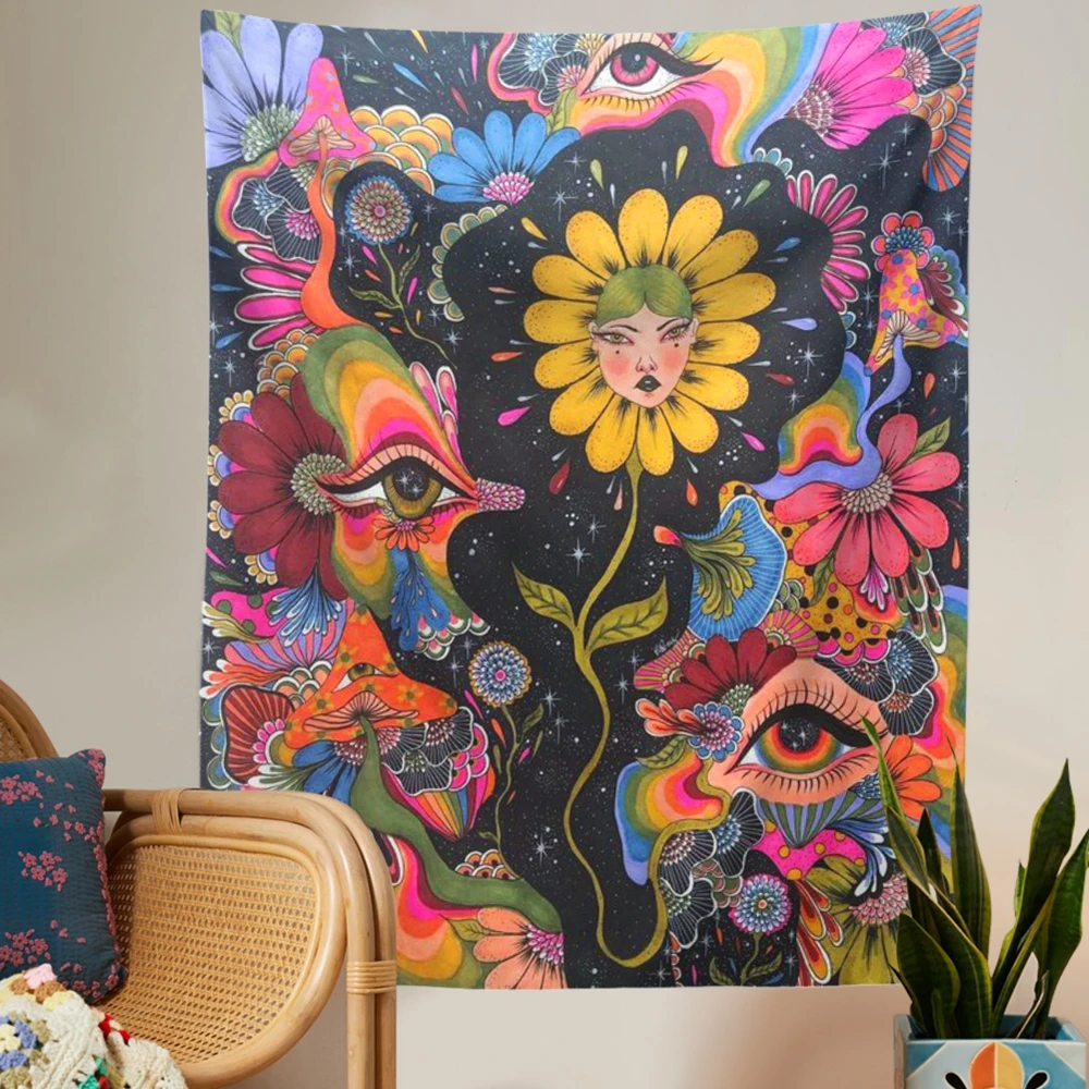 

Psychedelic Flower Tapestry Wall Hanging Botanical Celestial Floral Tapestry Hippie Eye Wall Carpets Dorm Decor Starry SkyCarpet