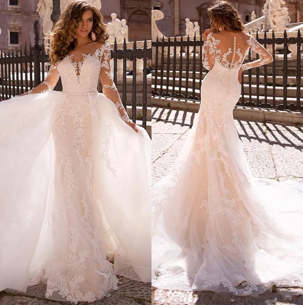 

Sexy Lace Mermaid Wedding Dresses New Sheer Mesh Top Long Sleeves Applique Bridal Gowns With Detachable Skirt Vestidos Mariee
