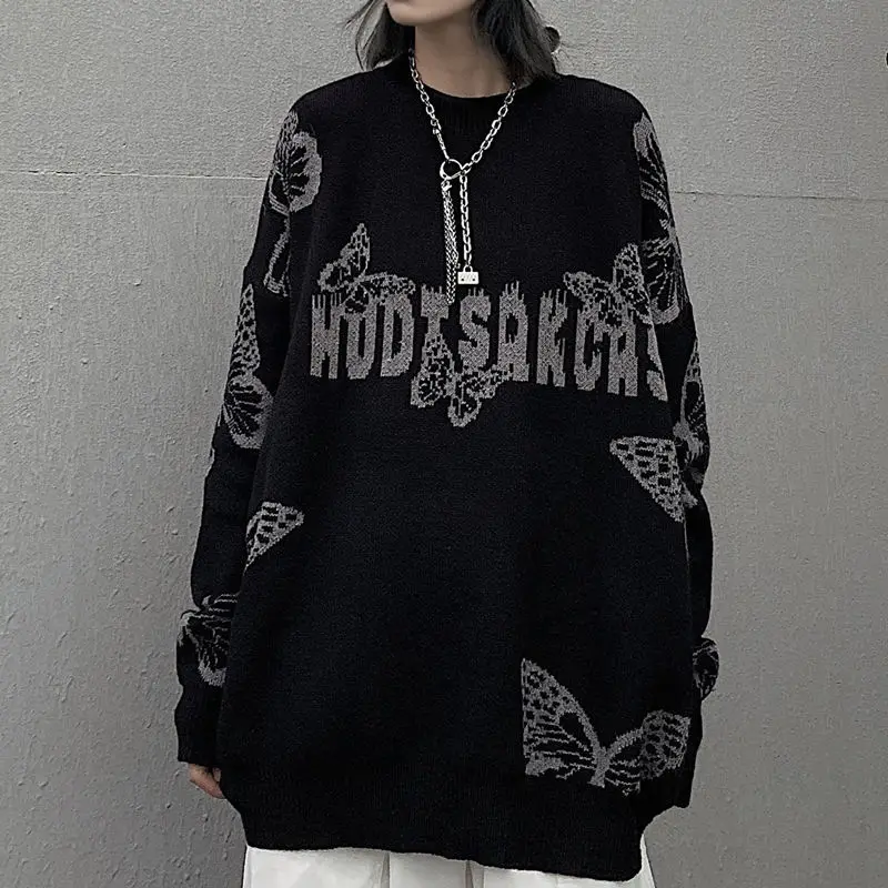 

Harajuku sweater Korean style sweater pullover garbage punk size sleeve clothes key Y2K full warm loose dark butterfly jacket