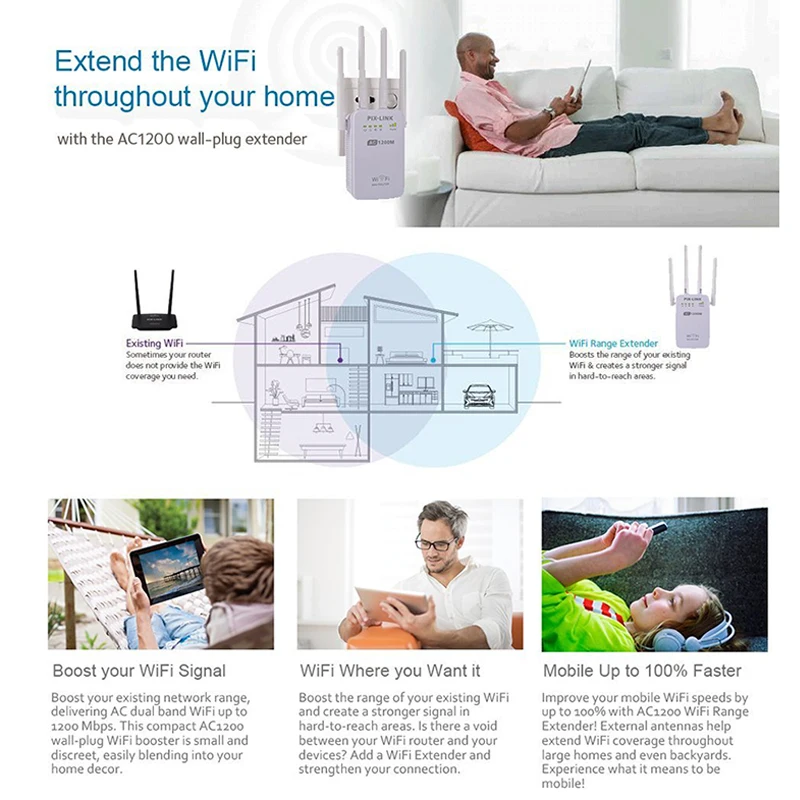 

Gaming Wireless AC 1200Mbps Router 2.4G / 5G WiFi Repeater Four High Gain Antenna wi fi Two RJ45 Ports Bridge Signal Amplifier