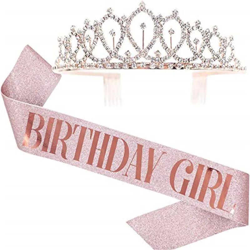 

Birthday Party Crystal Rhinestone Birthday Crown Tiara Strap Ribbon Set For Girl Queen Party Hair Accessories Headdress Gift