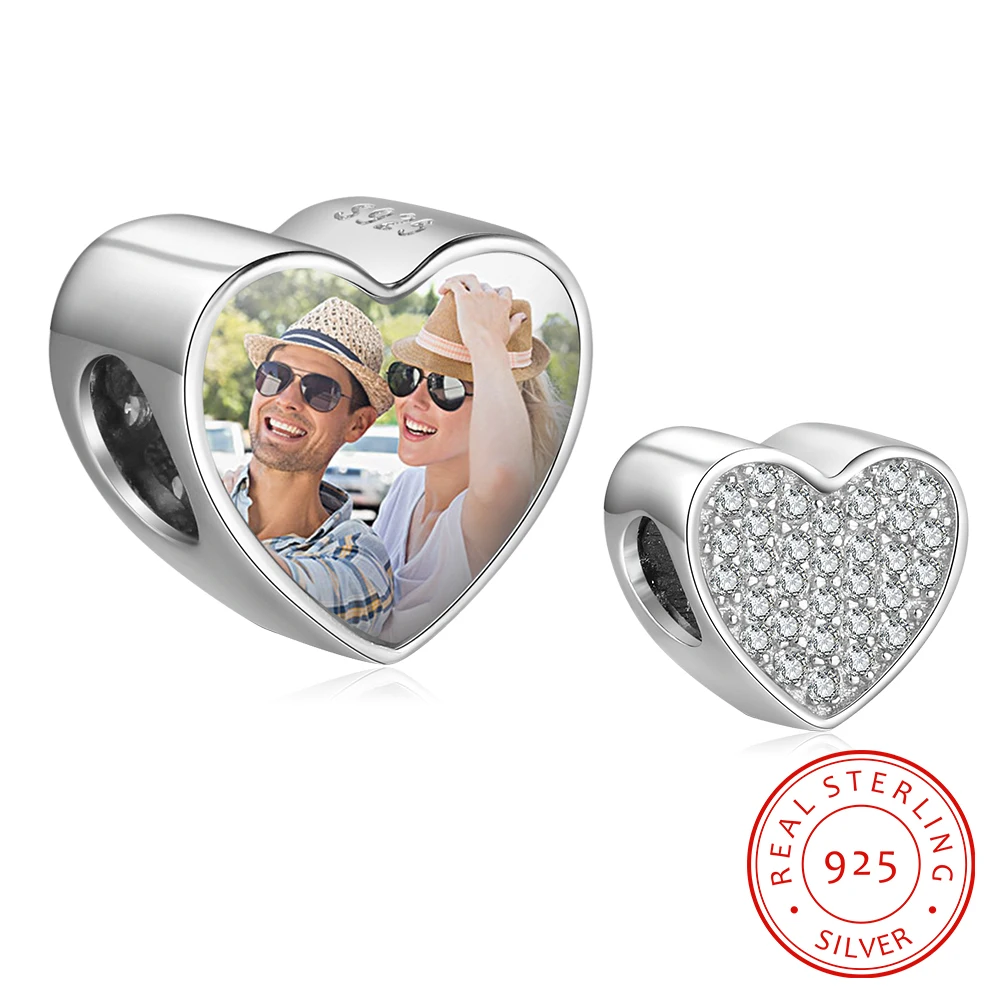 

Personalized 925 Sterling Silver Custom Heart Photo Charm Beads With Cubic Zirconia Fit For Bracelets Women DIY Jewelry