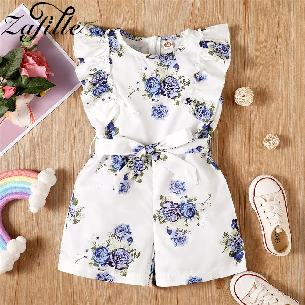 ZAFILLE Children Girls Jumpsuit Belted Purple Floral Print Girl's Rompers Cute Kids Baby Playsuit Jumpers For Kids Overalls