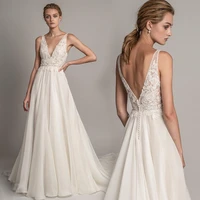 robe de mariee boho wedding dress lace bodice elegant v back bridal gowns vestidos beach spaghett straps 2021 custom made