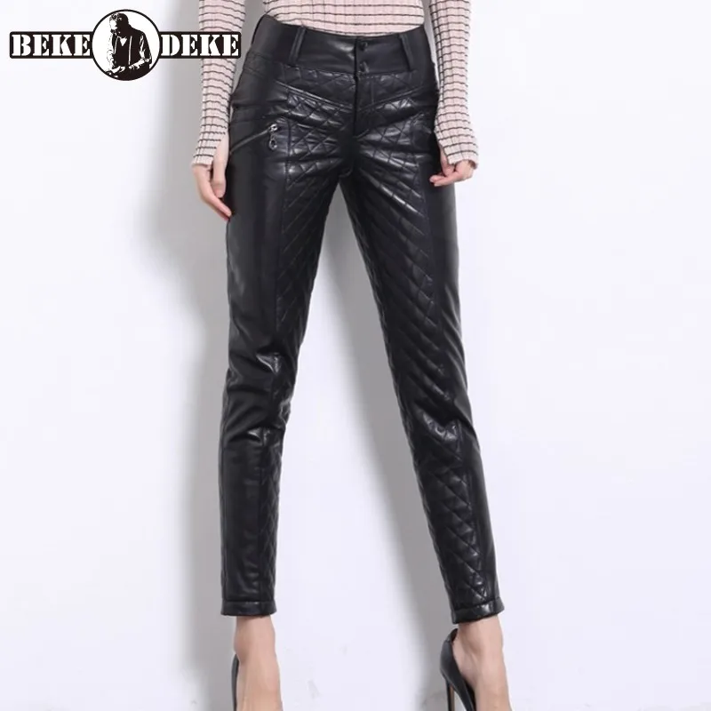 Женские брюки карандаш из натуральной кожи с высокой талией|Брюки| |