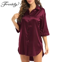 women satin sleep shirt turn down collar silk pajamas robes nightgown sleepwear sleepshirts homewear loose size