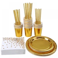 pure gold disposable tableware set paper plate cup wedding baby girl child adult birthday holiday dinner tableware supplies