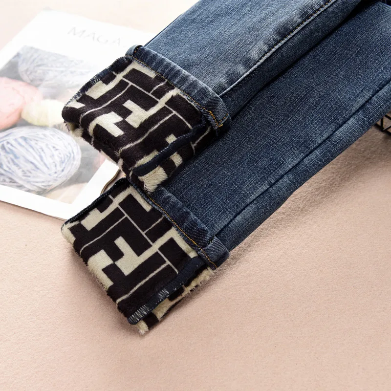 

2020 High Waist Stretch Jeans Pants Women's Blue Thick Skinny Pencil Pants Winter Warm Denim Trousers Female Casual Wear P9066#