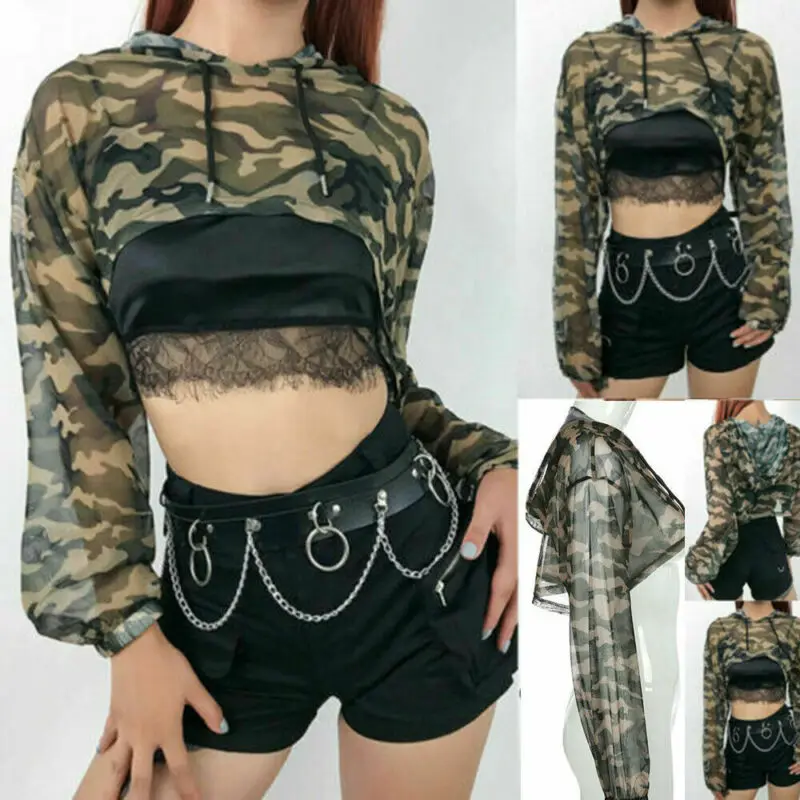 

Sexy Women's Summer Casual Camouflage Perspective Long Sleeve Blouse Tops