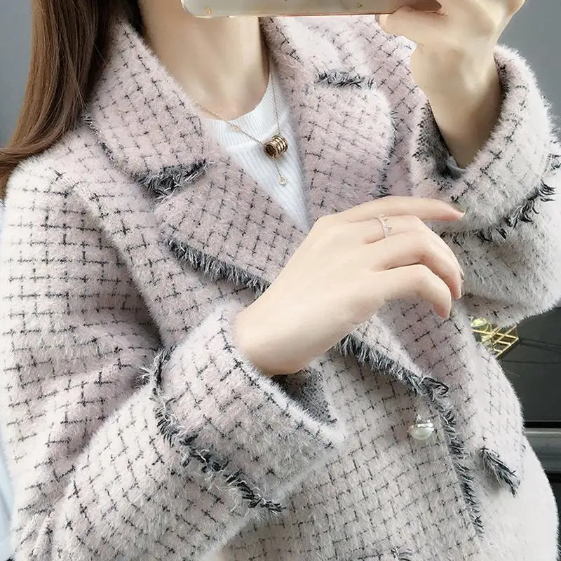 

Women 2020 Autumn Winter Faux Mink Cashmere Plaid Cardigan Coat Female Lapel Knitted Thick Sweaters Ladies Casual Warm Tops N188