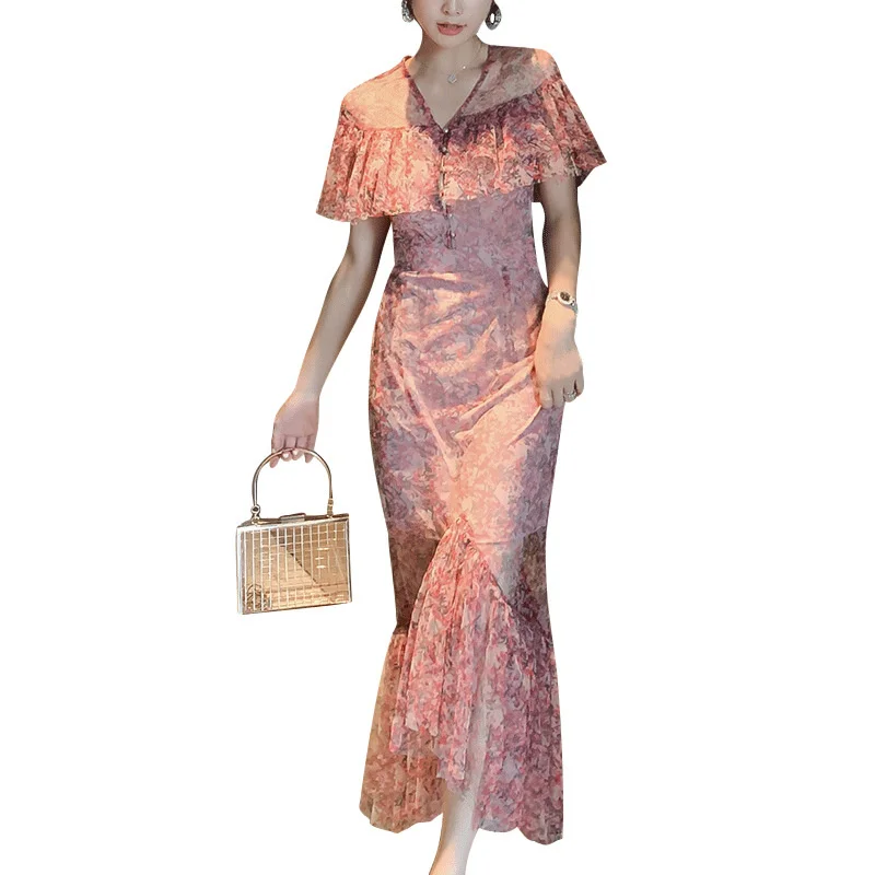 

2020 Summer New Women's Floral Slim Fishtail Dress Sheath Office Lady Polyester Knee-Length Zippers