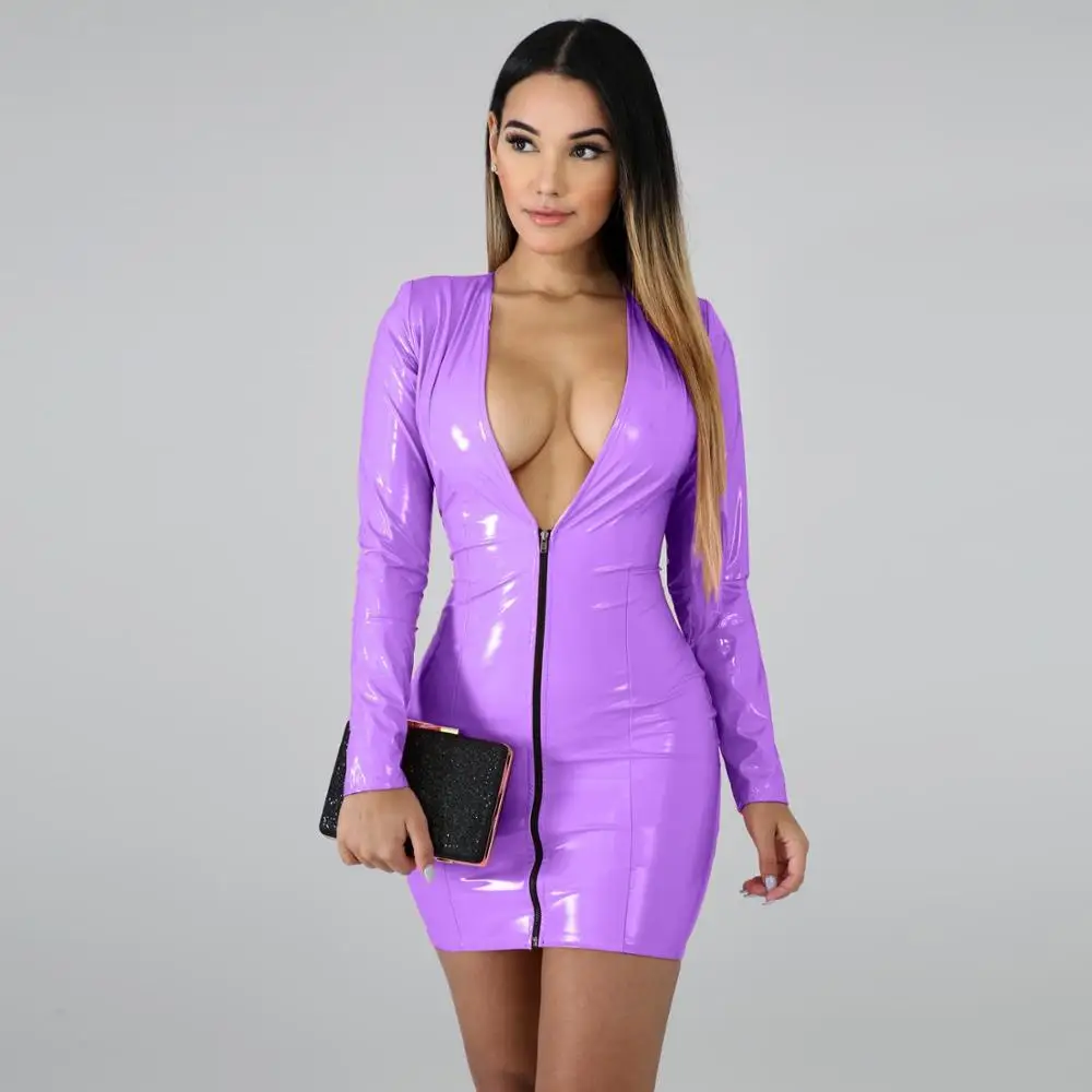 

Wet Look Shiny PVC Dress Sexy Deep V-neck Faux Latex Minifalda Long Sleeve Package Hip PU Clubwear Micro Mini Vestido Body Robe