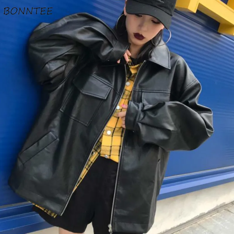 

Jackets Women Solid Zipper Pockets PU Motorcycle Leather Jacket BF Cool Students New Trendy Harajuku Streetwear All-match Chic