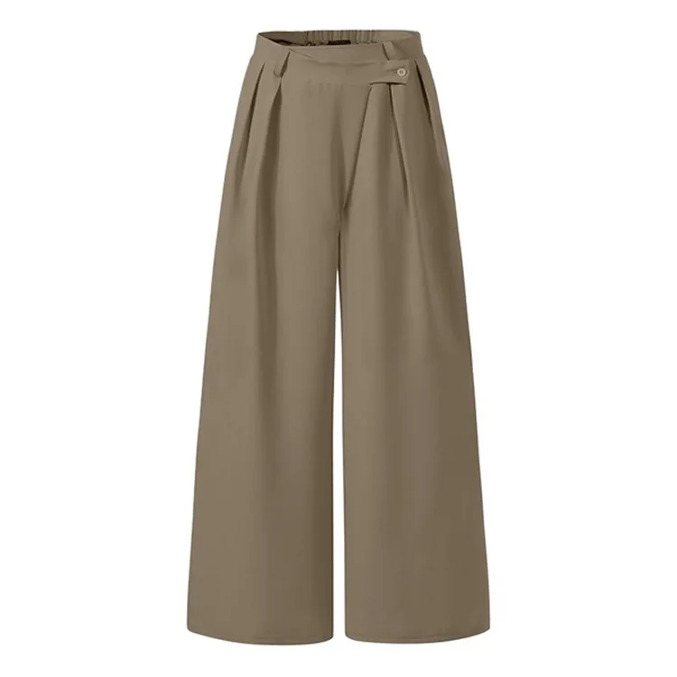 

WEPBEL Women's Fashion Solid Color Irregular Belt Pants Autumn Casual Button Fly High Waist Loose Wide-Leg Pants