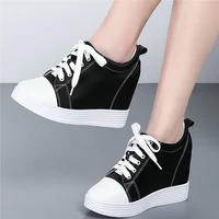 10cm high heel fashion sneakers women lace up genuine leather wedges ankle boots female silk platform oxfords shoes casual shoes