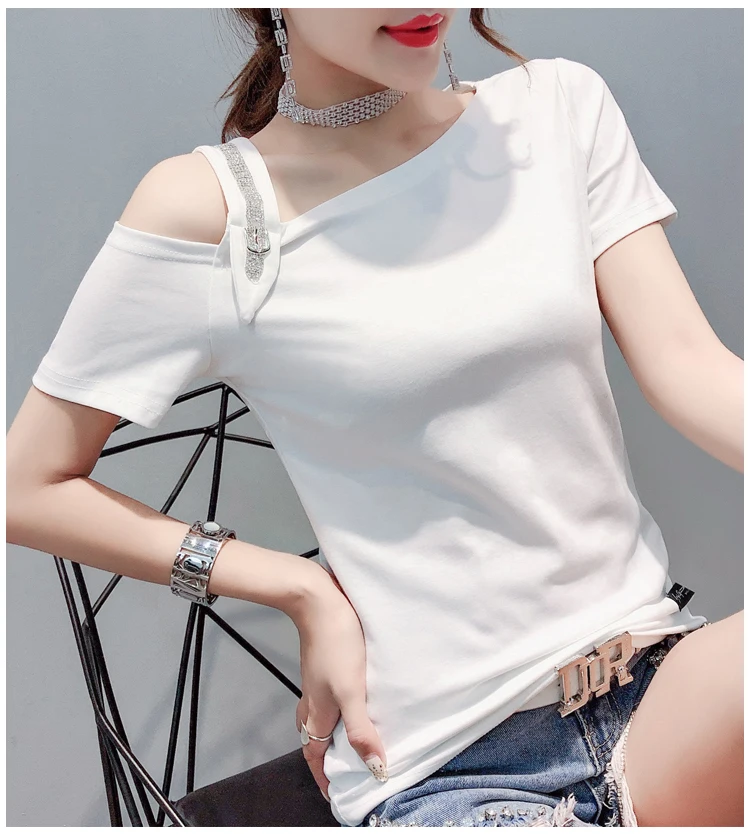 Женская футболка с открытыми плечами летняя хлопковая короткими рукавами модель