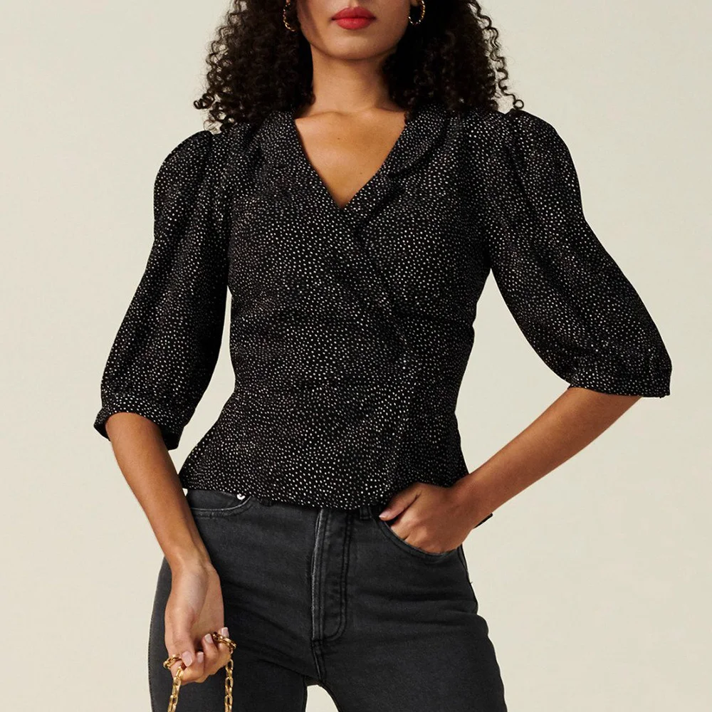 

Women Blouses 2020 Office Lady Elegant Lapel V Neck Buttoned Wrap Blouse Women Summer Puff Sleeve Polka Dot Vintage Blouse Tops