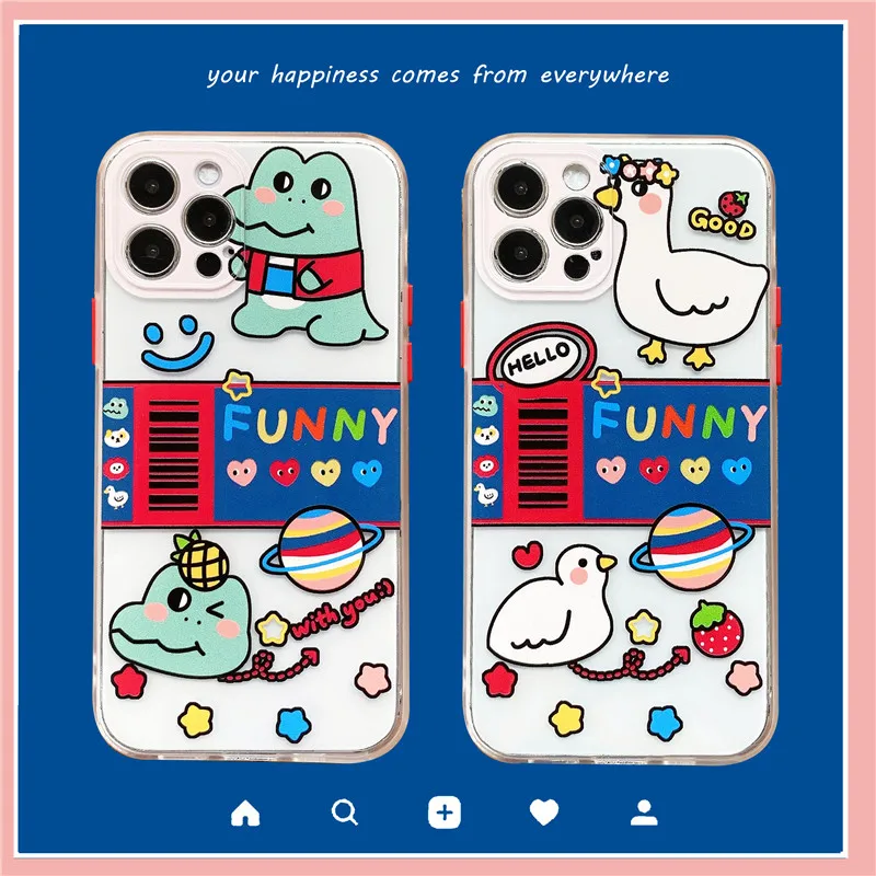 

Cute Dinosaur Planet Phone Case For iPhone 11 12 Pro Max 12Mini 7 8 Plus XS X XR SE Funny Duck Side Printine Clear Soft Cover
