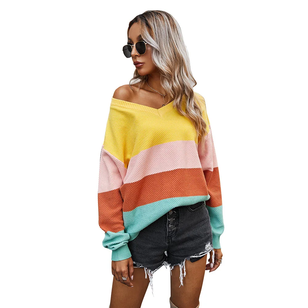 Женский Классический Полосатый контрастный свитер с перекрестными краями для