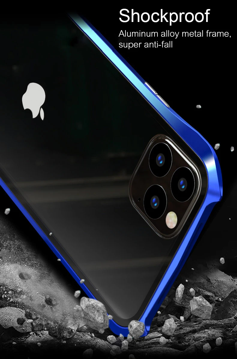 Двухсторонний задний+ передний стеклянный Магнитный чехол для Apple iPhone 11 Pro Max Роскошный Алюминиевый металлический бампер 360 Защитный чехол с петлей