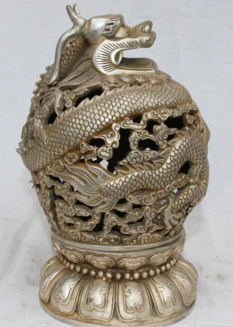 918+++ 18CM Chinese Silver White Copper Bronze Dragon Incense Burner Censer Statue | Statues & Sculptures