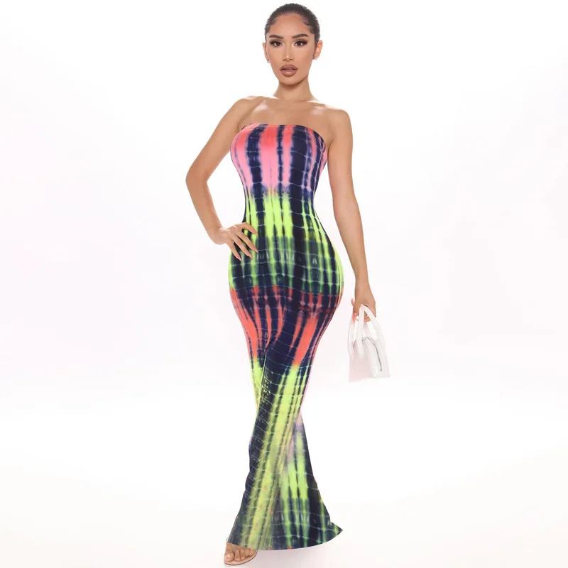 

Colorful Print Dress New Sexy One Word Tube Top Temperament Summer Dress Strapless Temperament commute Dress