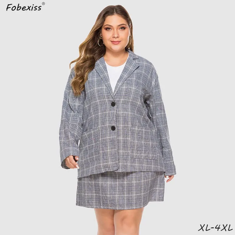 Grey Blazer Suit Костюмы с клетчатой юбкой размера плюс для женщин 4XL серый осенний деловой Блейзер приталенный однобортный костюм с высокой талией модные костюмы с блейзером - Цвет: Grey Blazer Suit