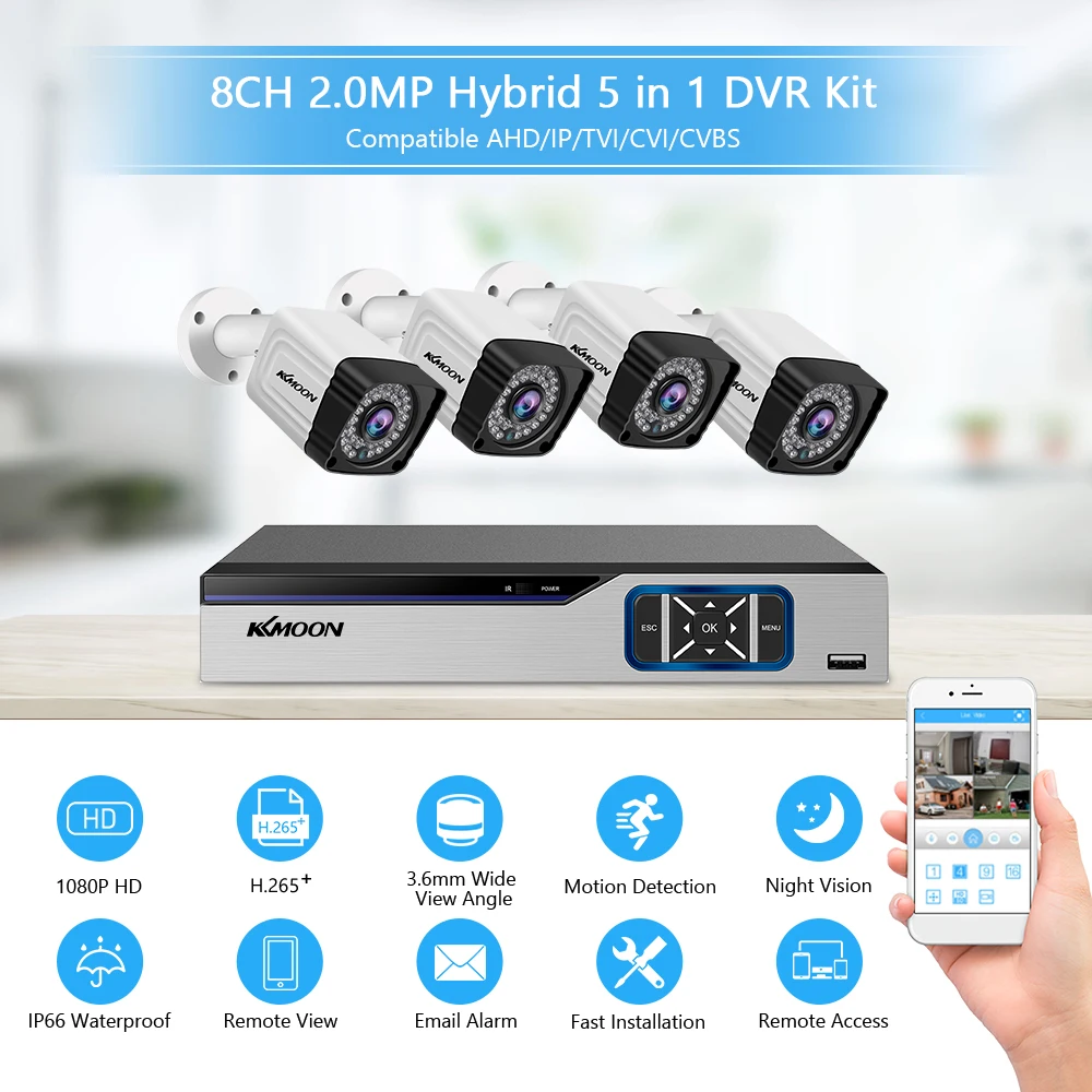 

8CH Home Security Camera System +4pcs 2MP HD Outdoor/Indoor Weatherproof Security Camera Surveillance DVR Kit