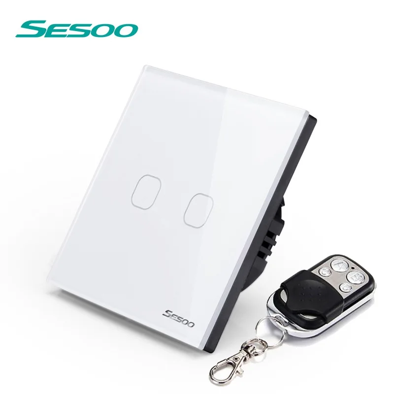 

SESOO EU Standard Remote Control Switches, 2 Gang 1 Way,Crystal Glass Panel,RF433 50/60HZ,Wall Touch Switch+LED Indicator