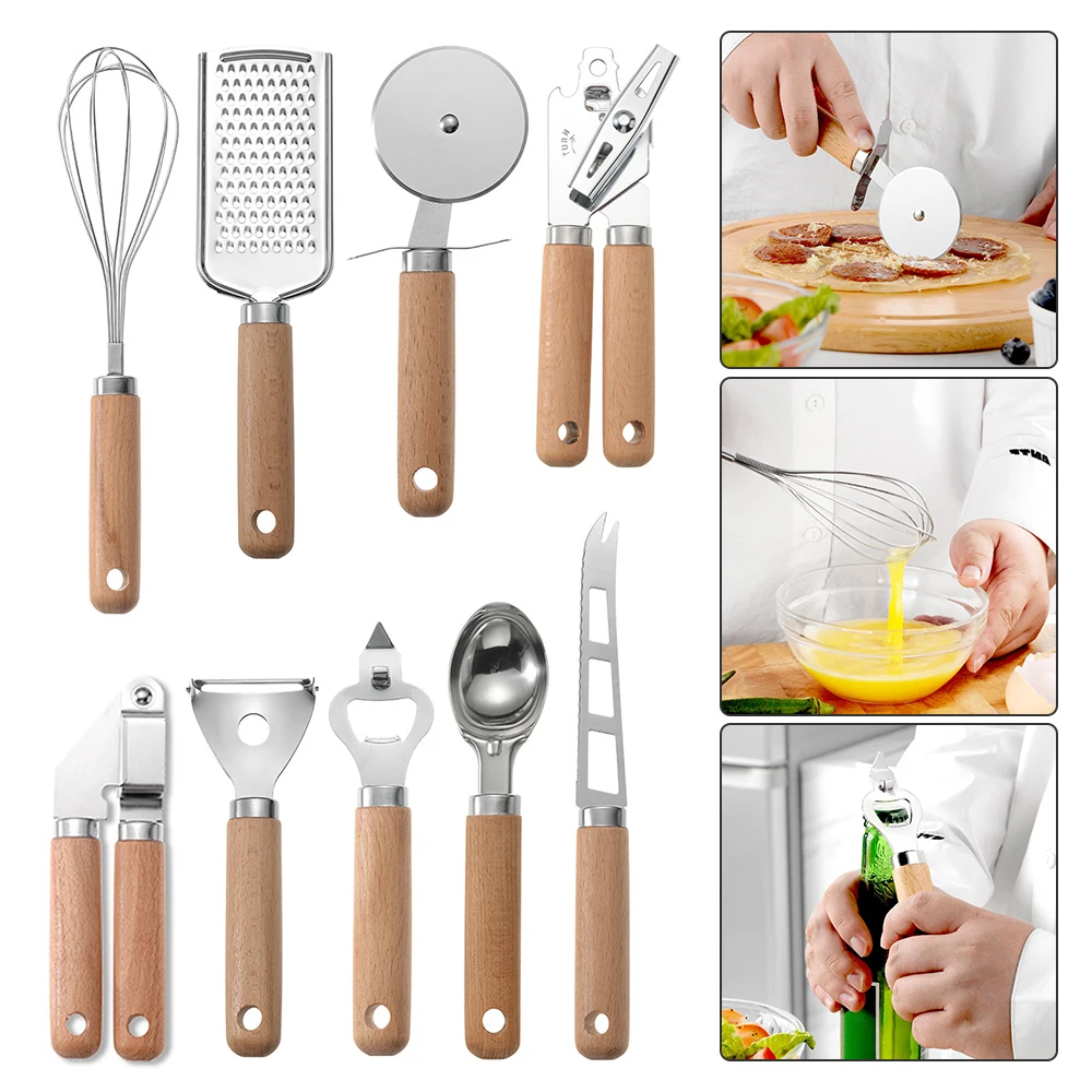 

Kitchen Gadget Set Wooden Handle Stainless Steel Utensils Can Opener Peeler Garlic Press Cheese Grater Whisk Household Tool