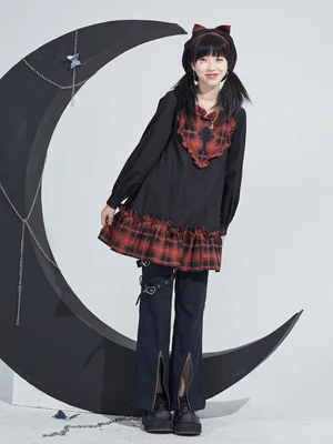 

Harajuku Girl Love Pattern Red Plaid Dress Autumn Hot Girl Long Sleeve Fashion Temperament Lolita Sweet Kawaii Dress