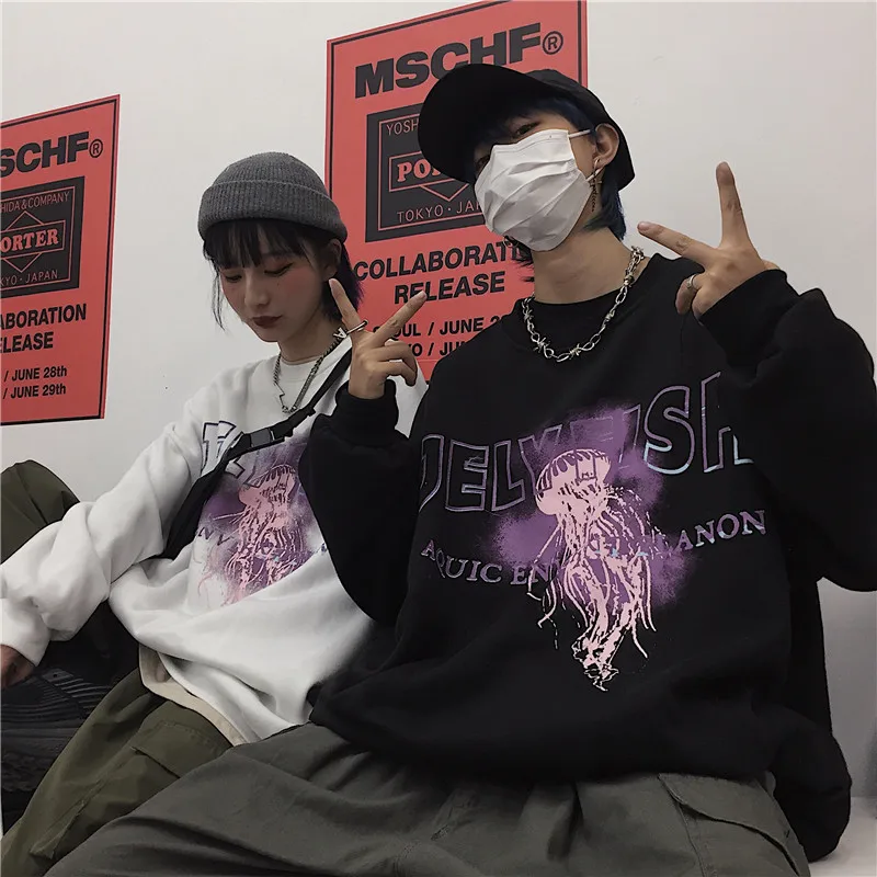 

Korean Ins Harajuku Style Printing Hoodies Casual Loose Long Sleeve Sweatshirts Hipster O-neck Pullovers Bf Streetwear Couple