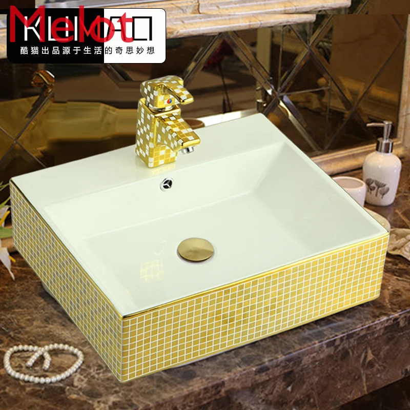 

Creative mosaic gold basin European ceramic gold wash basin square wash basin art basin